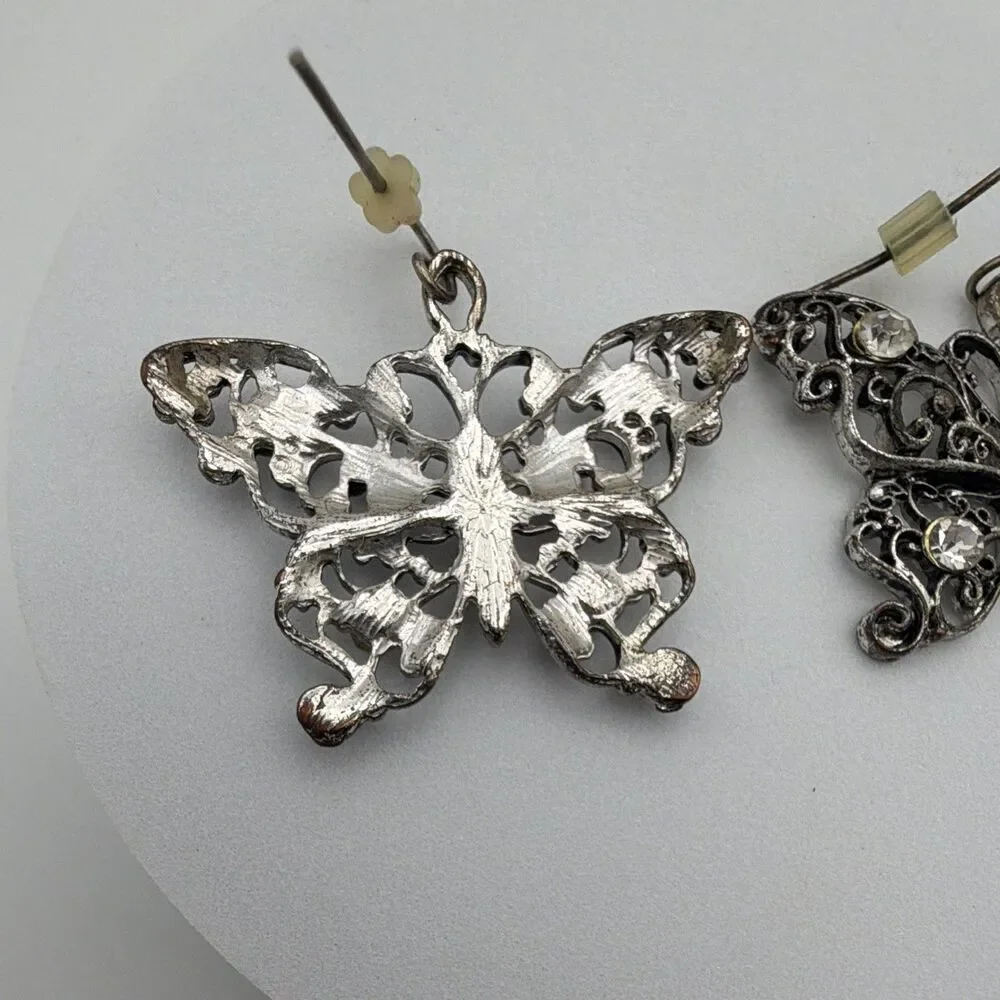 Silver Tone Butterfly Clear Rhinestone Dangle Drop Earrings Hook